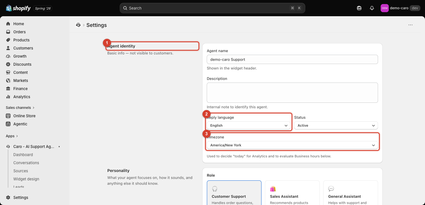 Agent identity section with Agent name, Reply language, Status, and Timezone highlighted