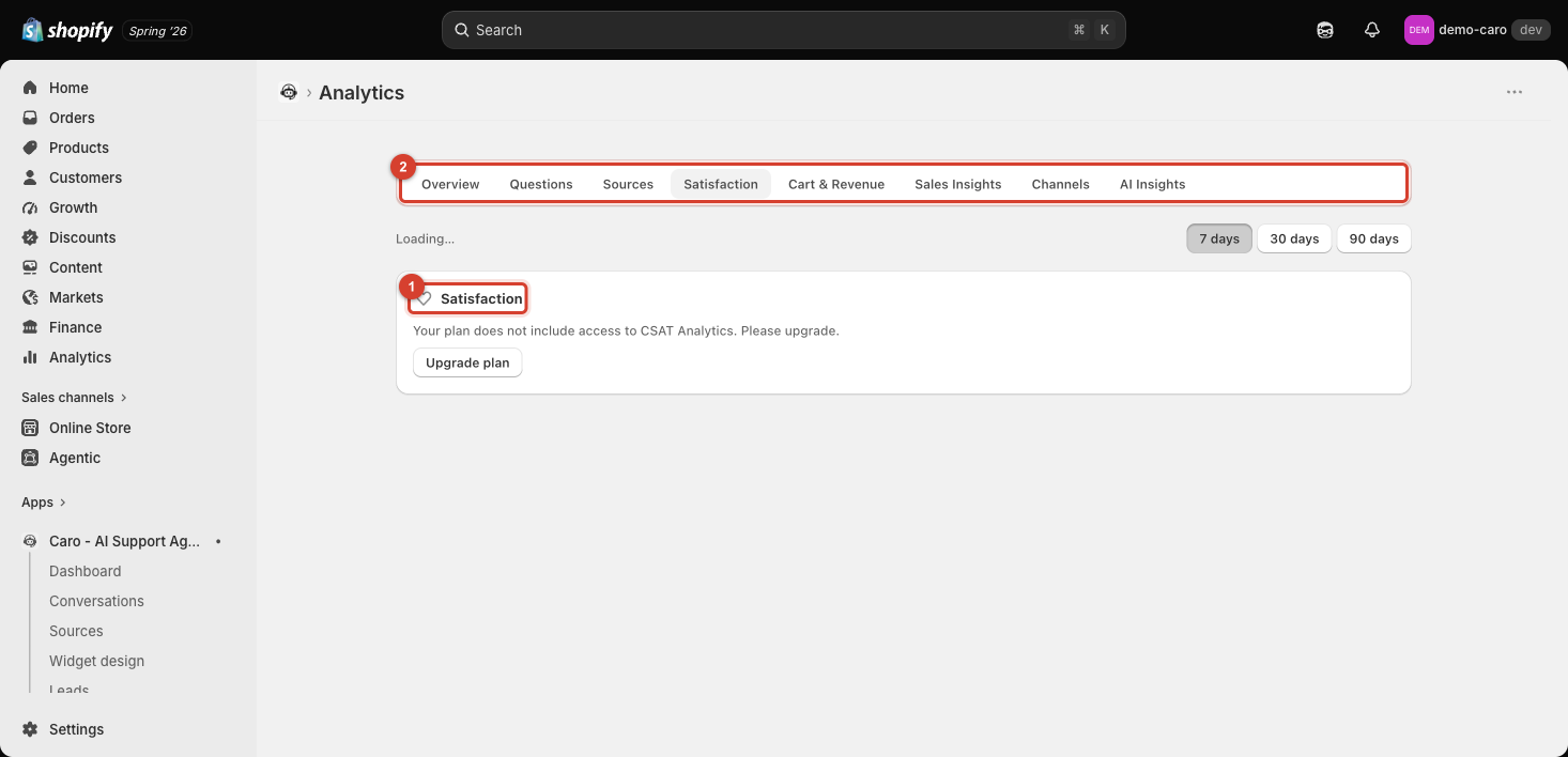 Satisfaction tab requiring an upgrade to CSAT Analytics