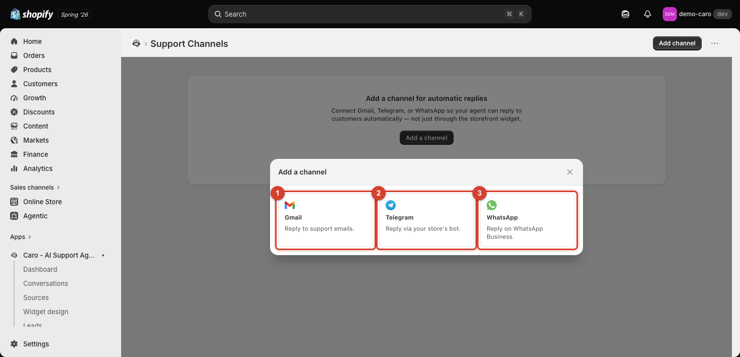 Add a channel modal with Gmail, Telegram, and WhatsApp options