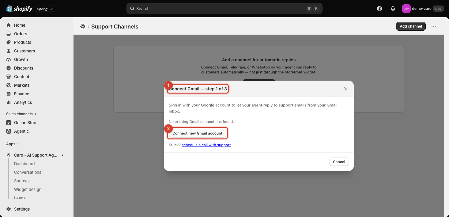 Connect Gmail step 1 of 3 dialog with the sign-in button highlighted