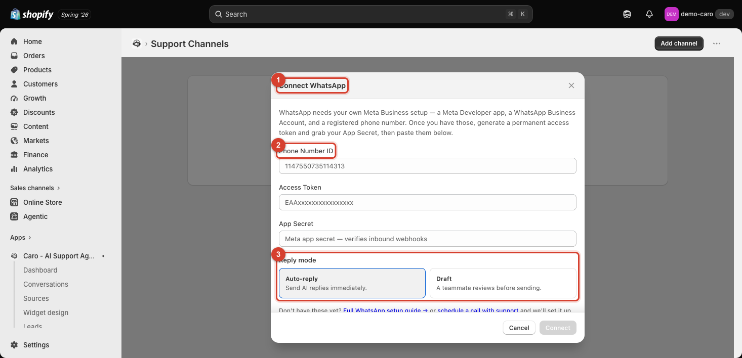 Connect WhatsApp dialog with Phone Number ID and Reply mode highlighted