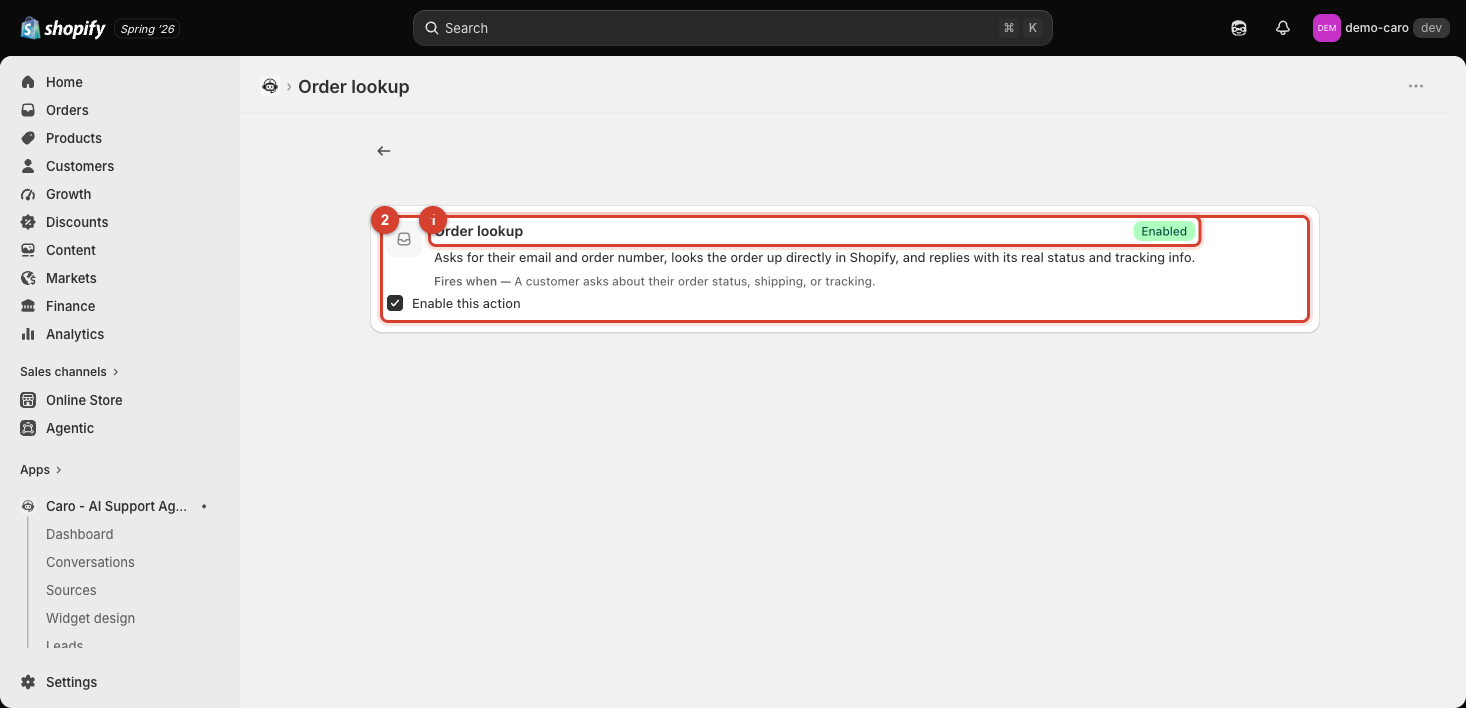 Order lookup detail page showing its description, "Fires when" trigger, and Enable checkbox