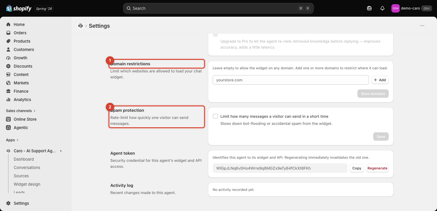 Domain restrictions and Spam protection sections