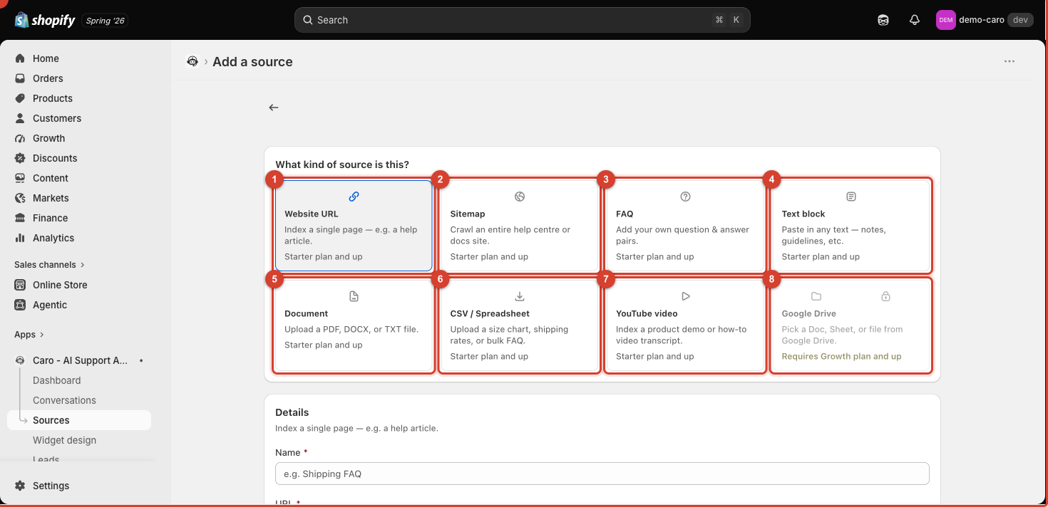 Add a source page with all 8 source type cards numbered