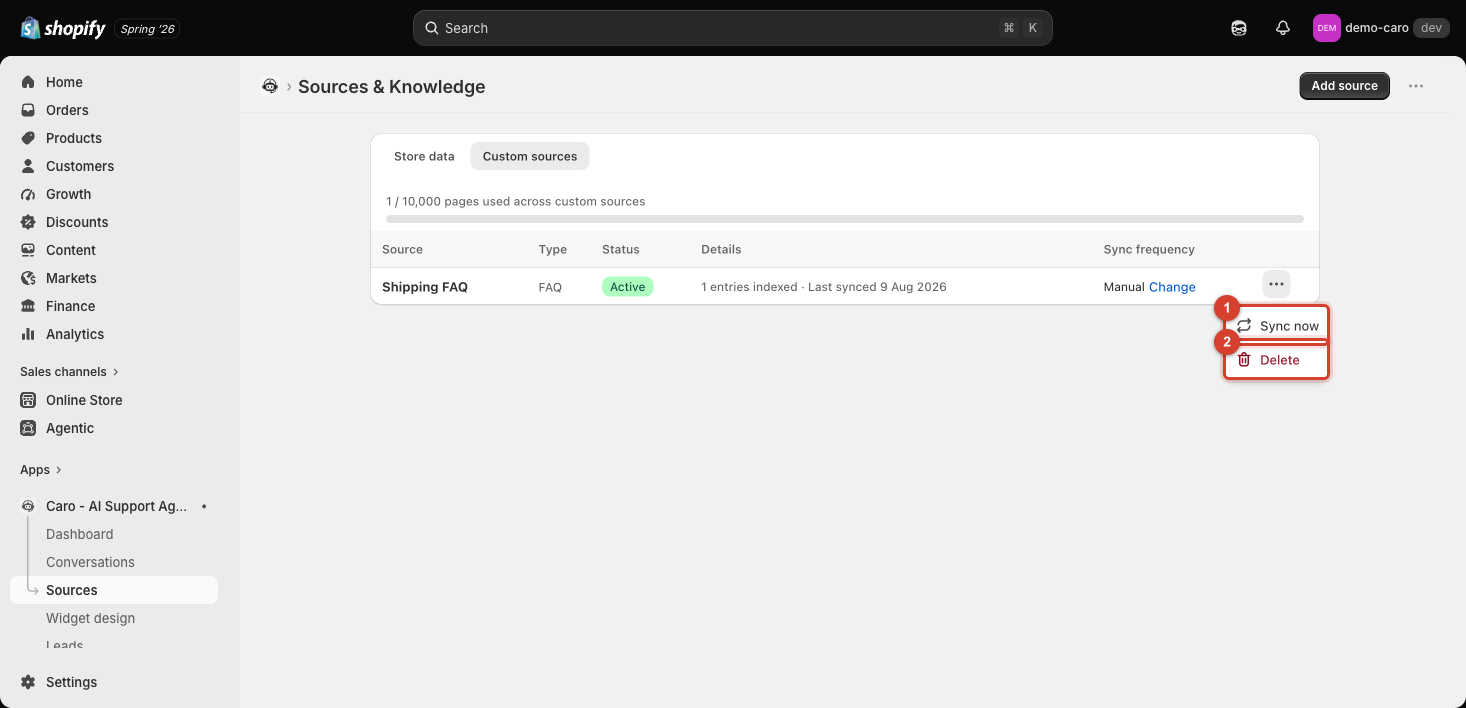 Actions menu for a custom source showing Sync now and Delete