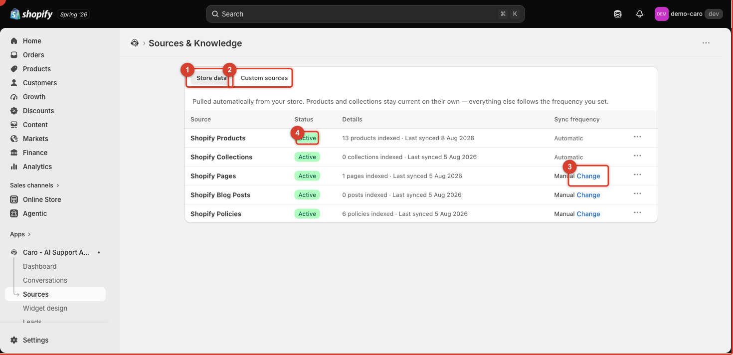 Sources page showing the Store data tab with five automatic sources and their sync status