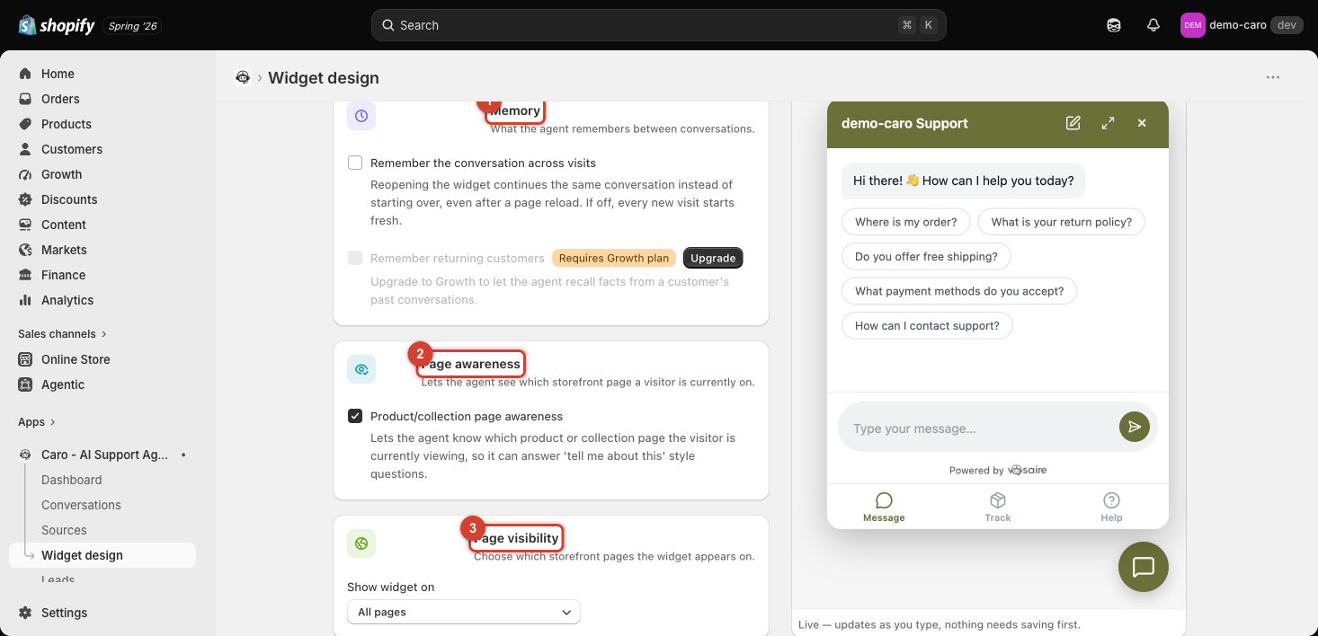 Memory, Page awareness, and Page visibility sections highlighted